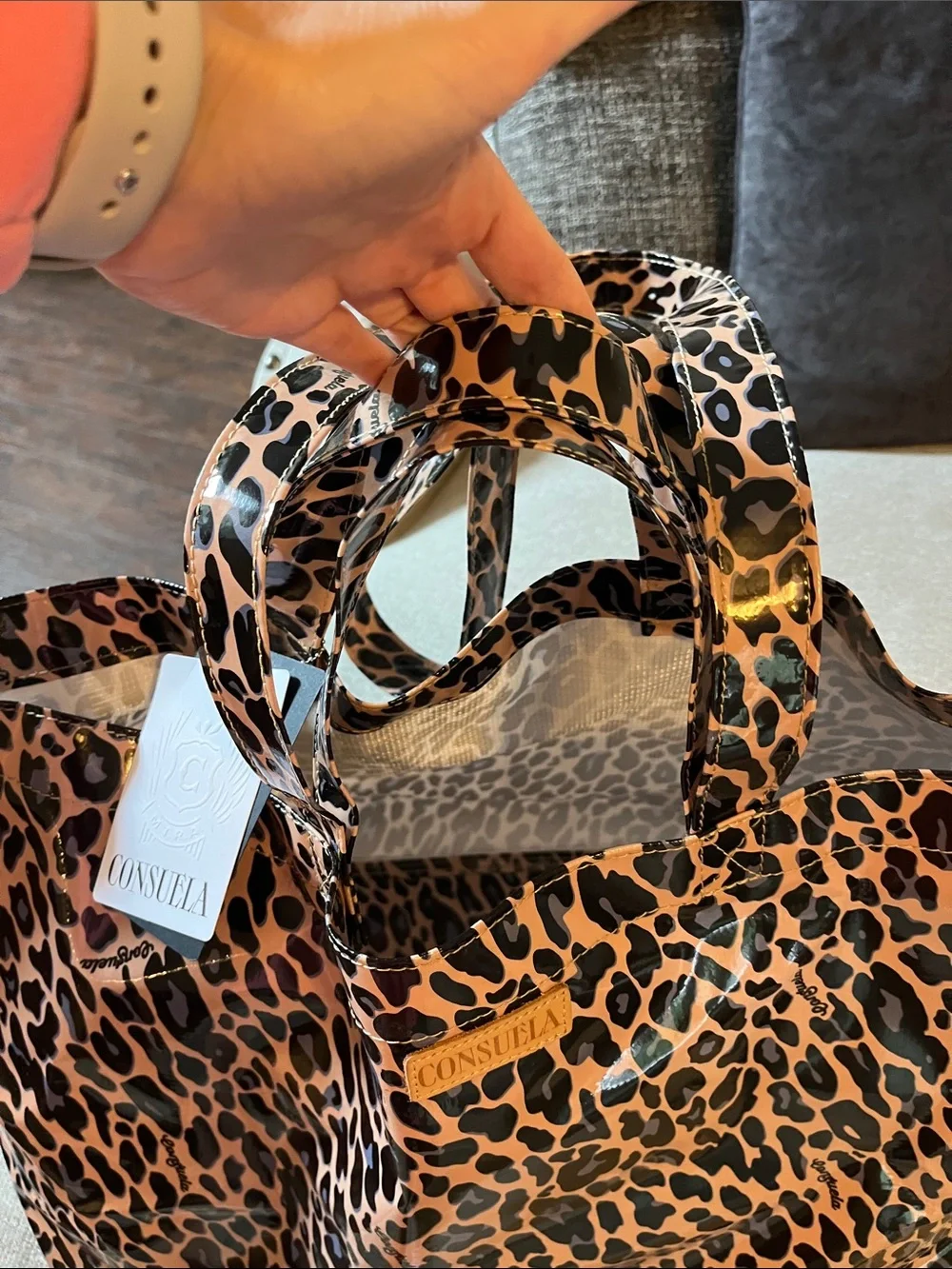 Consuela Leopard-Print Patent Tote in Brown & Black